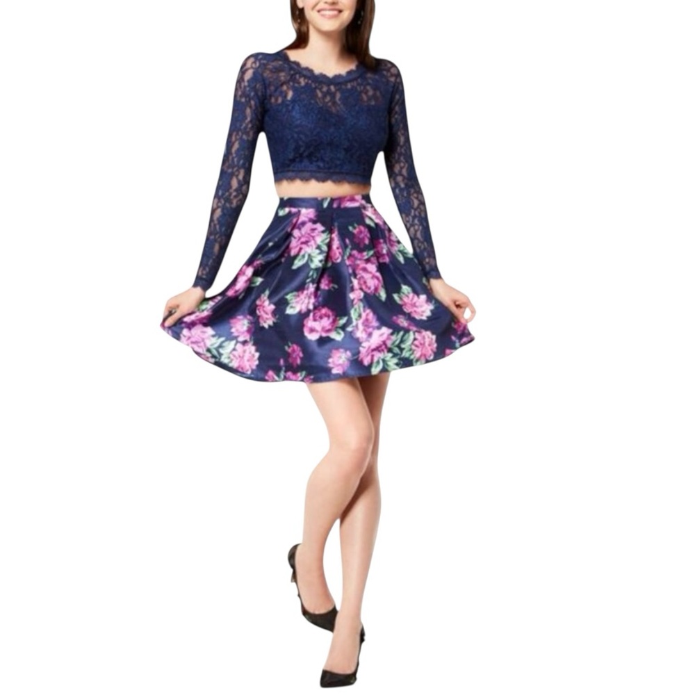 Sequin Hearts Juniors Size 5 Pleated Floral Mini Prom Skirt Blue Pink 3 Layers